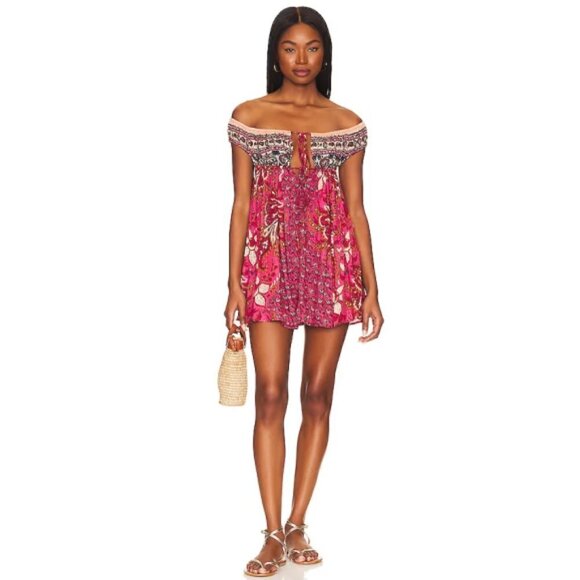 Free People "Bali Mariposa" Printed Mini Slip Dress, Strawberry Combo - Picture 1 of 3